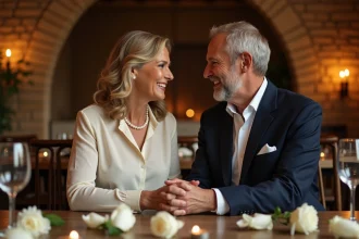 Couple célébrant leurs noces de perle autour d'une table décorée de roses blanches et de perles