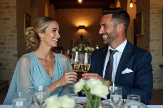 Couple célébrant ses noces d'eau avec des verres en cristal dans une salle à manger rustique