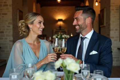 Couple célébrant ses noces d'eau avec des verres en cristal dans une salle à manger rustique