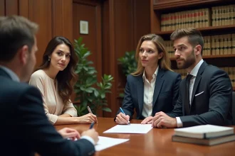 Couple consultant un notaire pour discuter de l'intention matrimoniale et signer des documents officiels de mariage