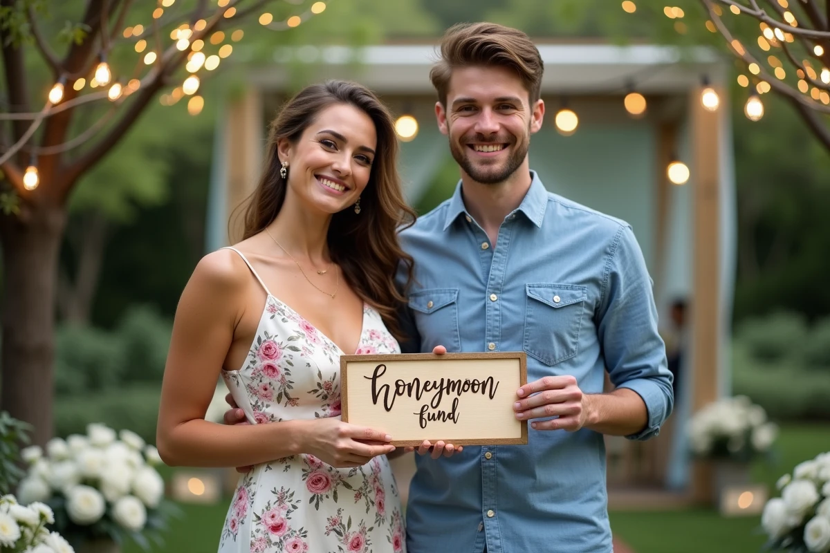Couple tenant un panneau de fonds de lune de miel dans un jardin de mariage décoré