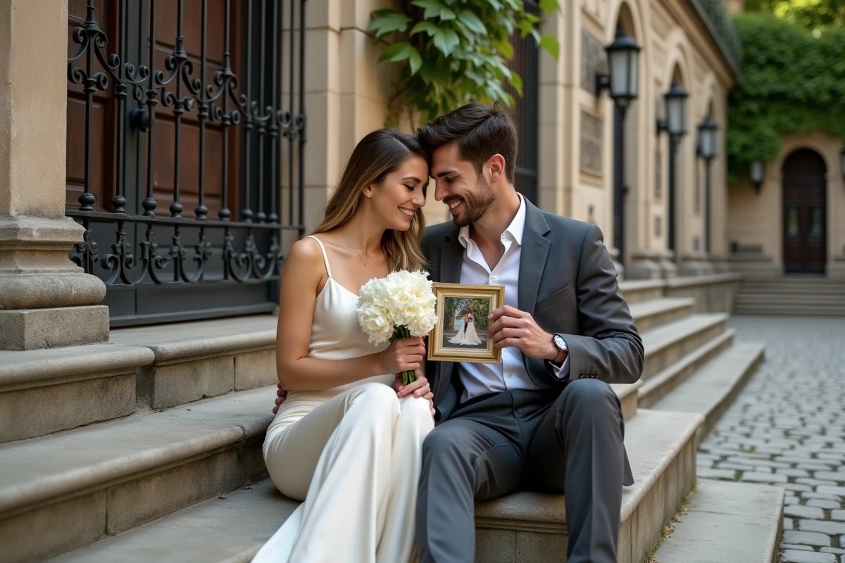 Couple tenant leur photo de mariage devant un hôtel de ville en pierre pour célébrer 5 ans d'union