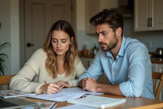 Couple planifiant le budget de leur mariage autour d'une table avec des documents et un ordinateur portable