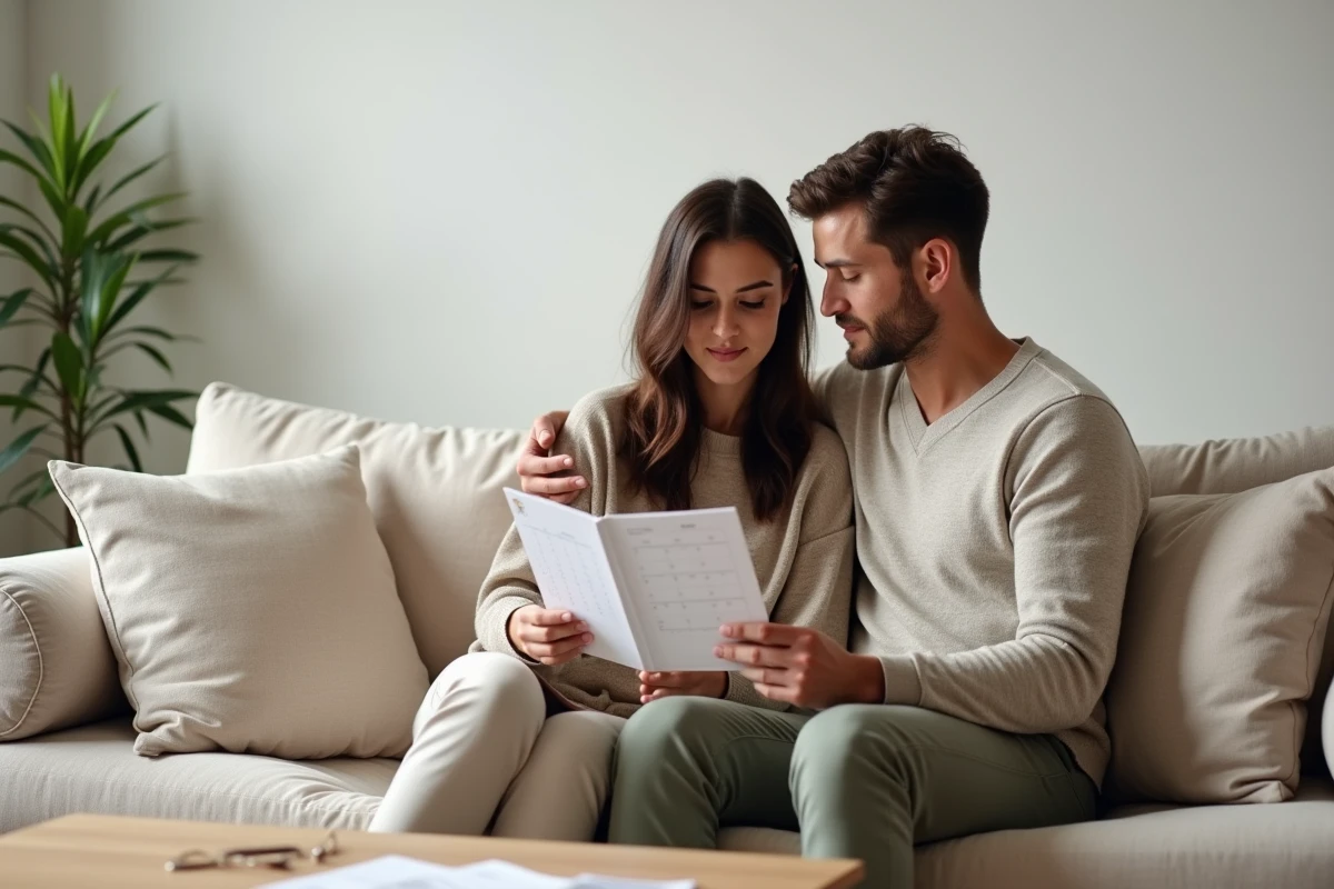 Couple planifiant l'envoi anticipé de leurs faire-part de mariage avec un agenda et des invitations posées sur une table basse