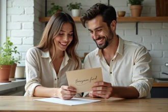 Couple planifiant leur fonds de lune de miel en consultant des notes manuscrites à une table en bois rustique