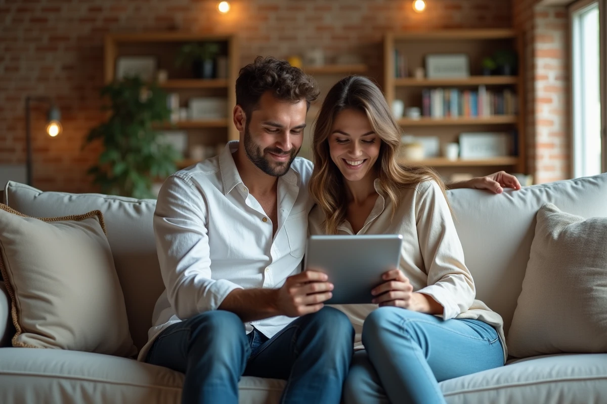Couple planifiant leur mariage à distance en visionnant une visite virtuelle de salle de réception sur une tablette