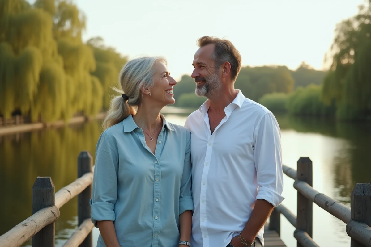 Couple mature sur un pont en bois au-dessus d'une rivière célébrant leurs cinq ans de mariage