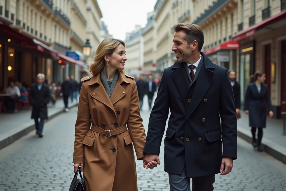 Couple marchant main dans la main dans une rue parisienne, symbolisant une relation amoureuse construite sur une admiration artistique partagée