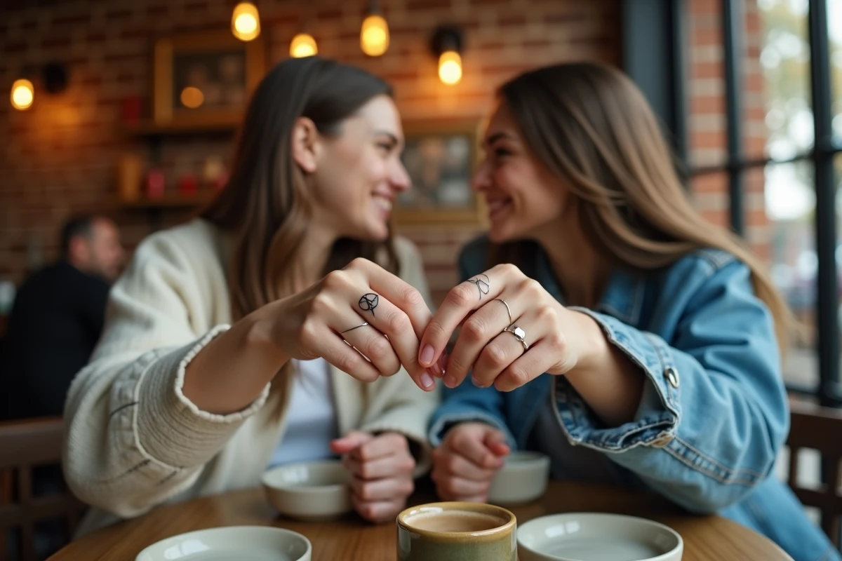 Couple montrant leurs tatouages infini assortis sur l'annulaire dans un café chaleureux