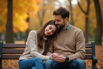 Couple assis sur un banc en bois dans un parc en automne, se tenant les mains avec tendresse et complicité