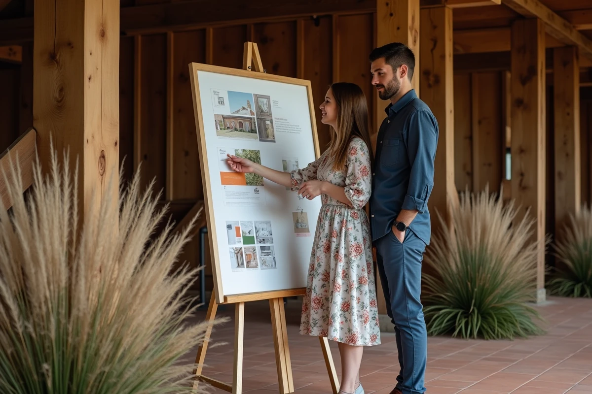 Couple explorant des idées de thème de mariage dans une grange rustique avec planche d'inspiration et échantillons de décoration
