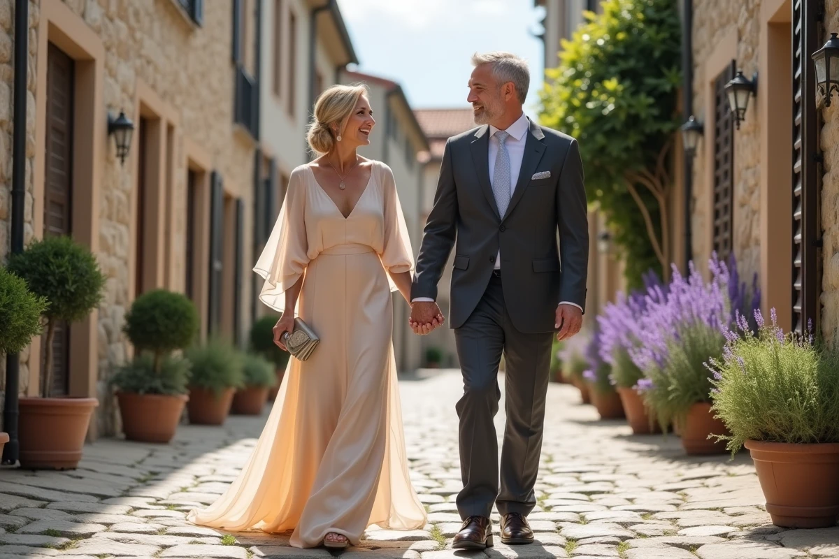 Couple main dans la main marchant dans une ruelle pavée après le renouvellement de leurs vœux pour leur 22e anniversaire de mariage