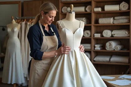 Couturière épinglant une robe de mariée en satin ivoire sur un mannequin dans un atelier de couture sur mesure