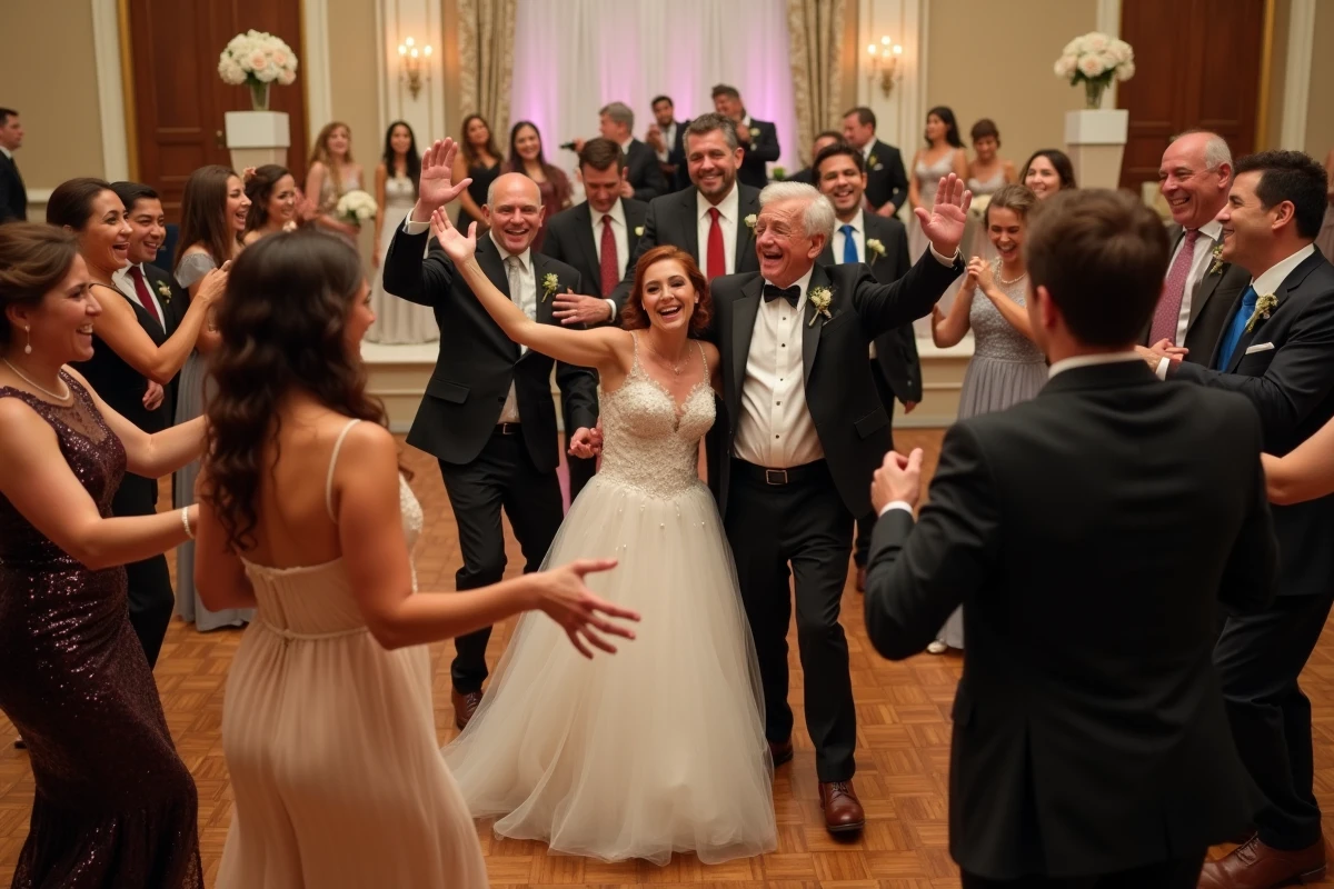 Groupe d'invités multigénérationnel dansant avec enthousiasme lors de la soirée de réception d'un mariage en salle de bal