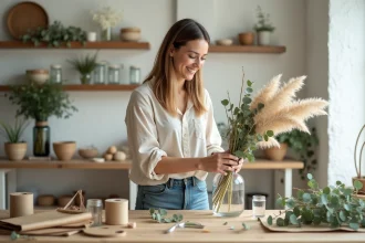 Femme décorant elle-même son mariage avec des fleurs séchées et des accessoires DIY sur une table en bois