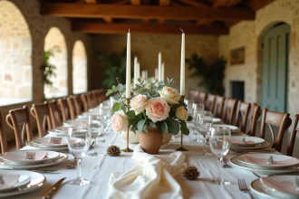 Table de mariage décorée avec nappe en lin ivoire, roses garden et vaisselle en porcelaine dorée dans un domaine rustique en pierre