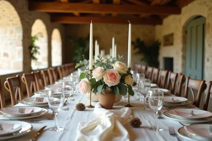 Table de mariage décorée avec nappe en lin ivoire, roses garden et vaisselle en porcelaine dorée dans un domaine rustique en pierre