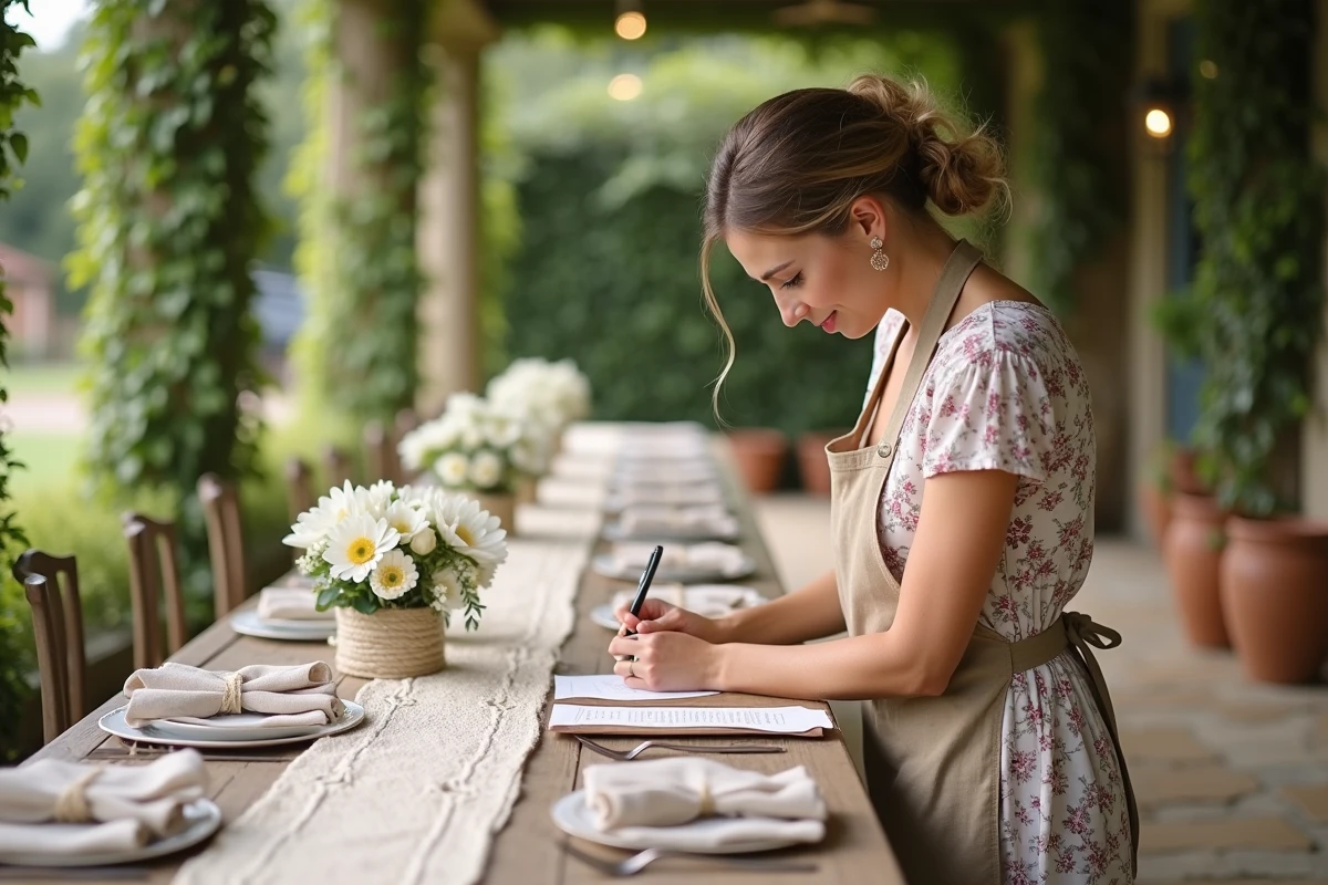 Femme réalisant elle-même la papeterie et les décorations de table pour son mariage dans un cadre champêtre