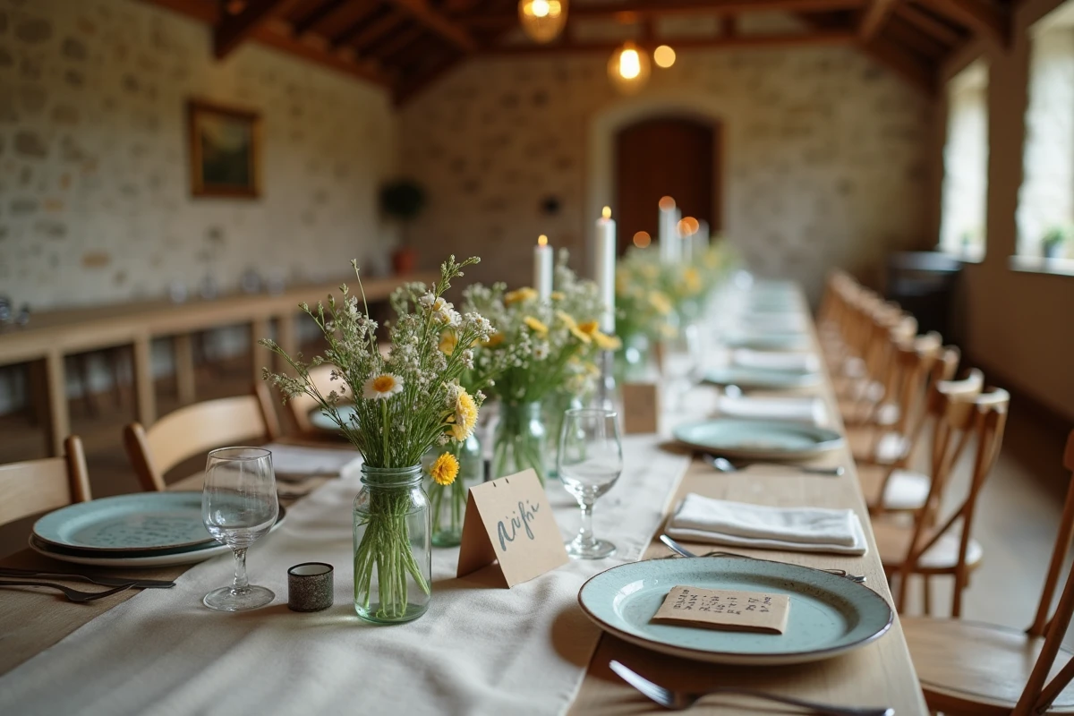 Décoration de table de mariage fait-maison avec vaisselle vintage et fleurs sauvages dans une salle des fêtes de village, idées mariage pas cher