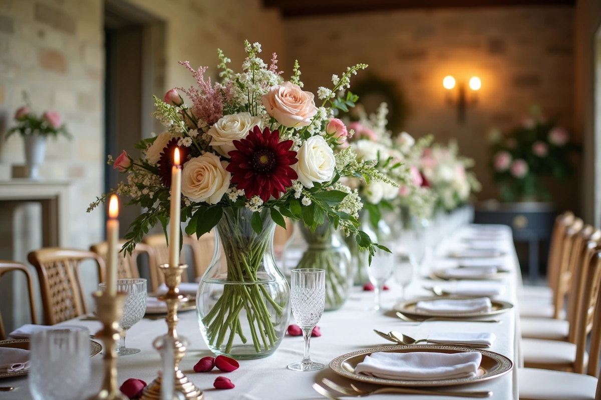 Table de réception de mariage décorée de roses David Austin, dahlias et amarante dans un château en pierre français