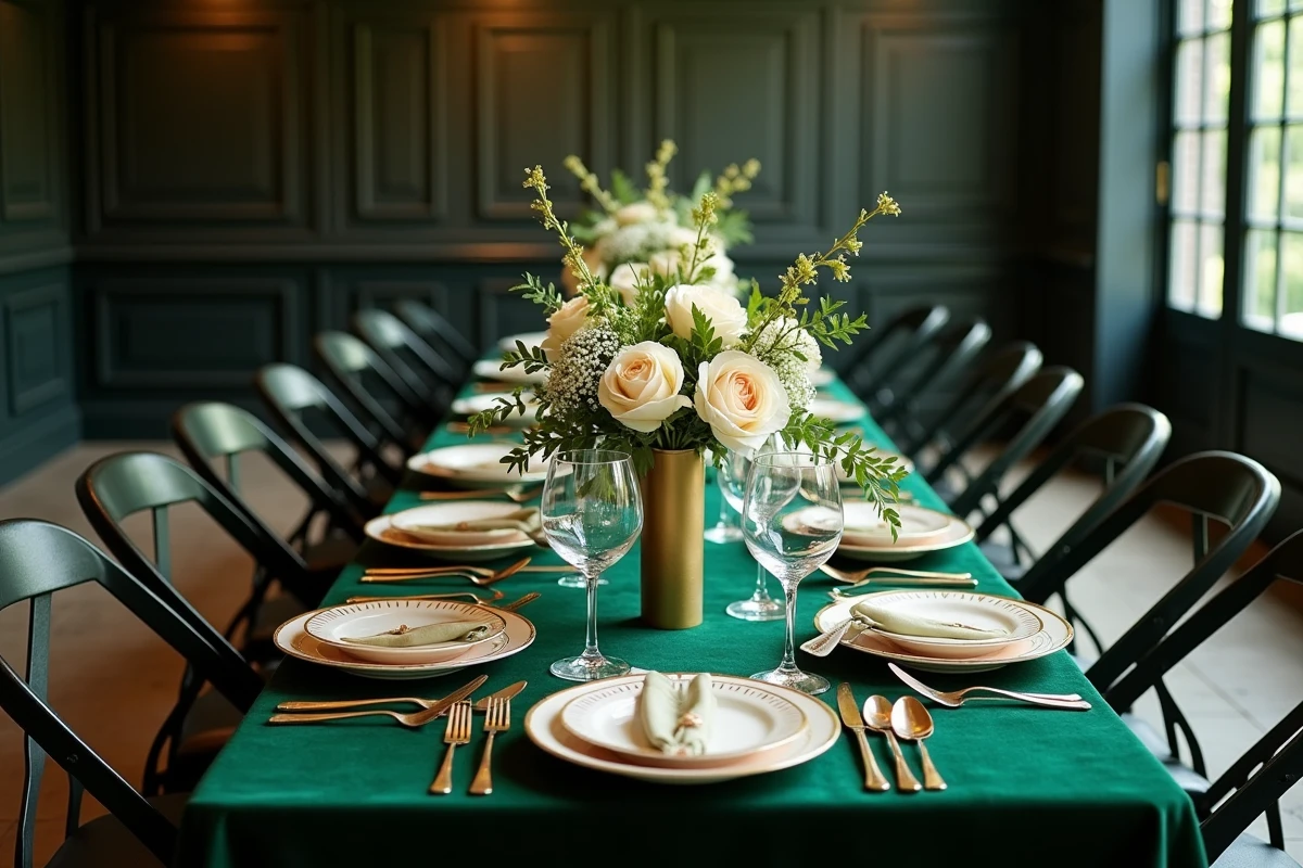 Table de mariage glamour avec chemin de velours vert émeraude, vaisselle dorée et bouquet de roses blanches