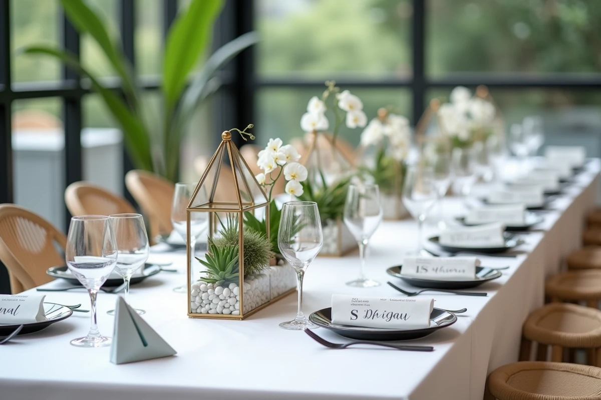 Table de mariage minimaliste moderne avec terrarium géométrique en laiton, orchidées blanches et couverts noirs mats dans une salle contemporaine