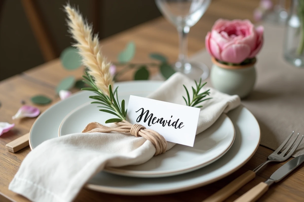 Détail d'un art de table mariage avec carte calligraphiée, assiette en céramique mate et pivoine rose poudré sur table en bois brut