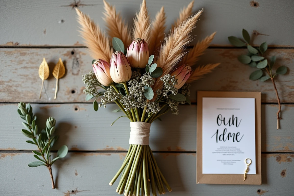 Détails de mariage bohème en flat lay avec bouquet de fleurs séchées, épingles dorées et invitation en papier kraft sur bois brut