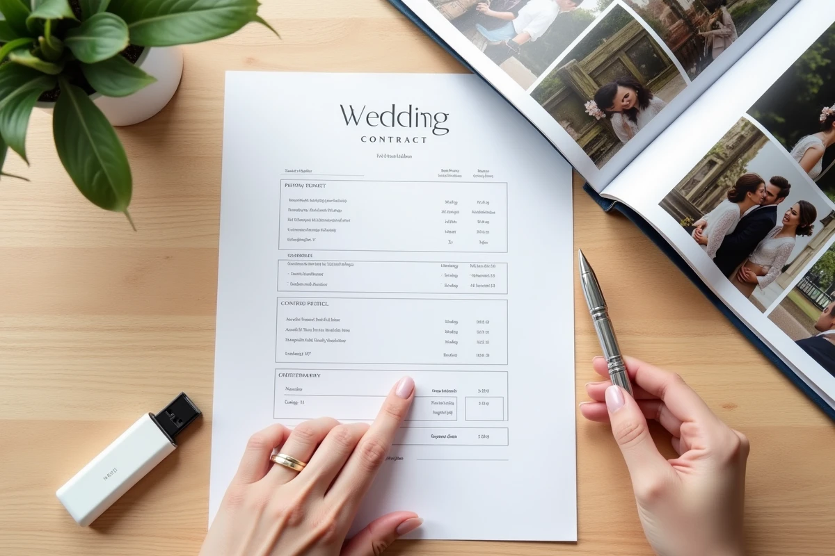 Devis de photographe mariage posé sur un bureau avec contrat, album photo et clé USB