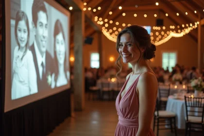 Femme en robe rose poudré devant un diaporama de mariage projeté sur grand écran dans une grange rustique décorée
