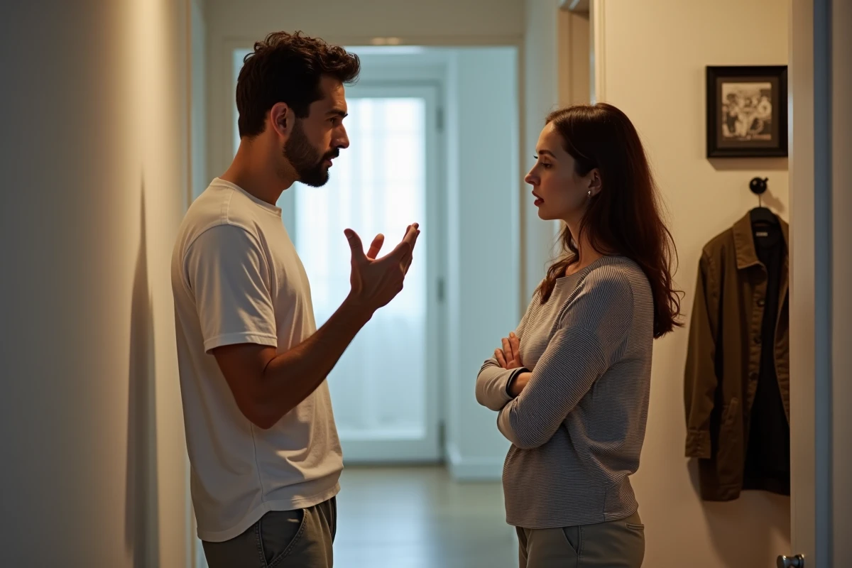 Couple en dispute dans un couloir d'appartement, illustrant les conflits et la communication comme ennemis de l'amour