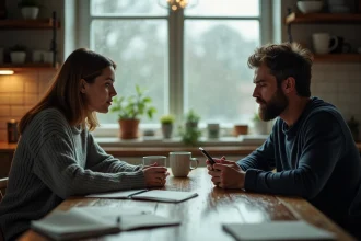 Couple en silence à une table de cuisine, symbolisant la distance émotionnelle et les tensions dans une relation amoureuse