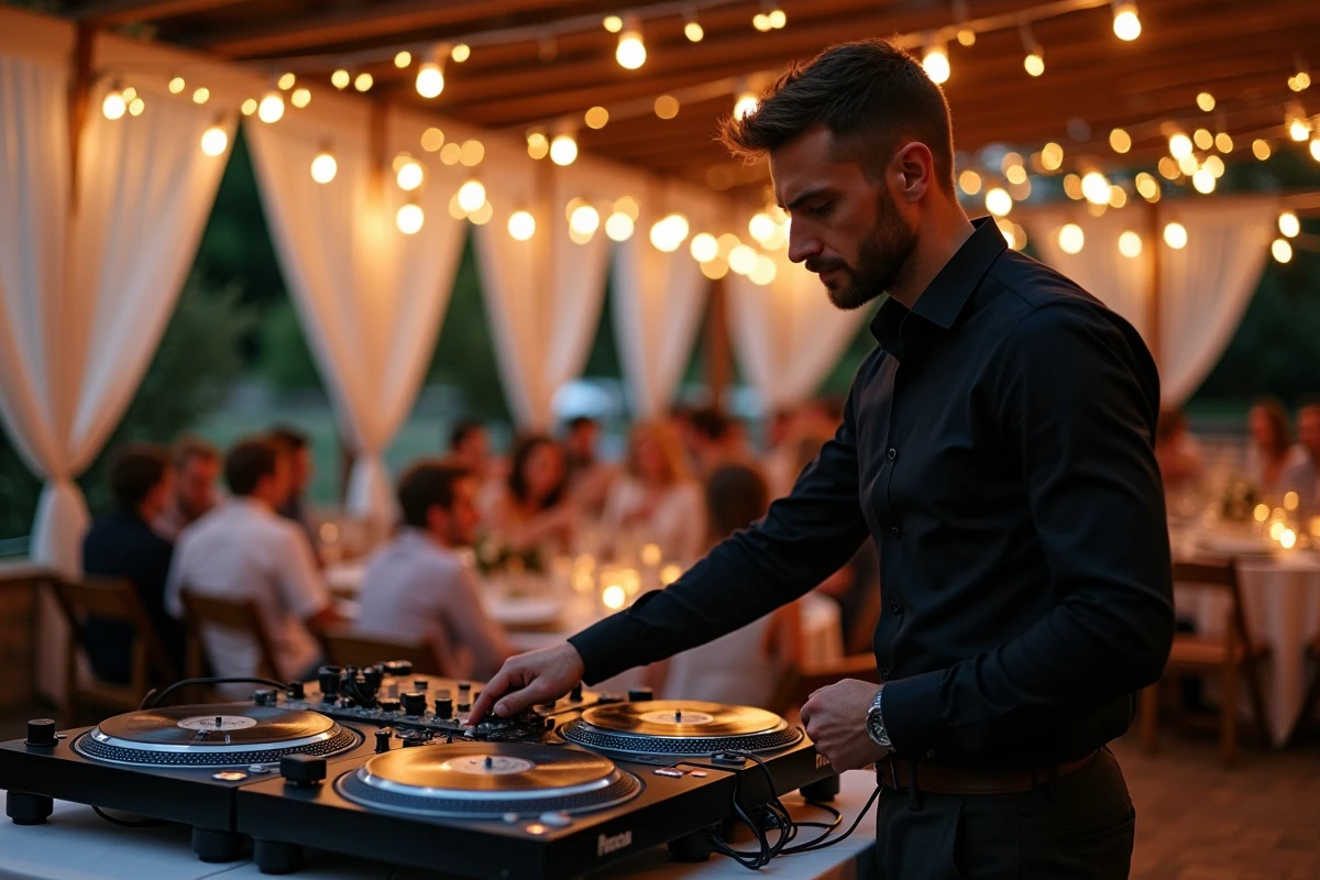 DJ professionnel animant une réception de mariage en plein air sur une terrasse en pierre décorée de guirlandes lumineuses