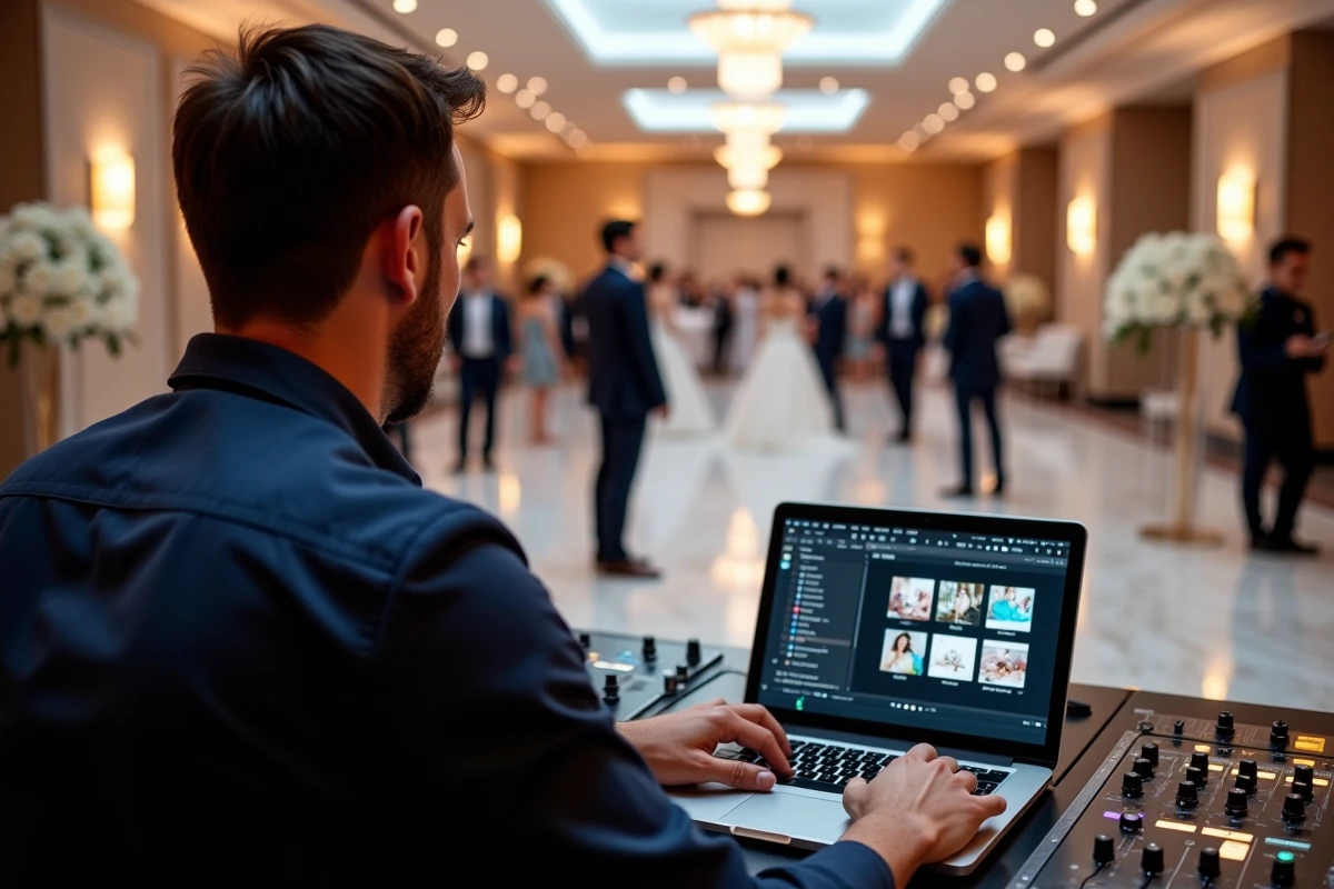DJ de mariage gérant un diaporama sur ordinateur portable dans une salle de réception hôtelière élégante