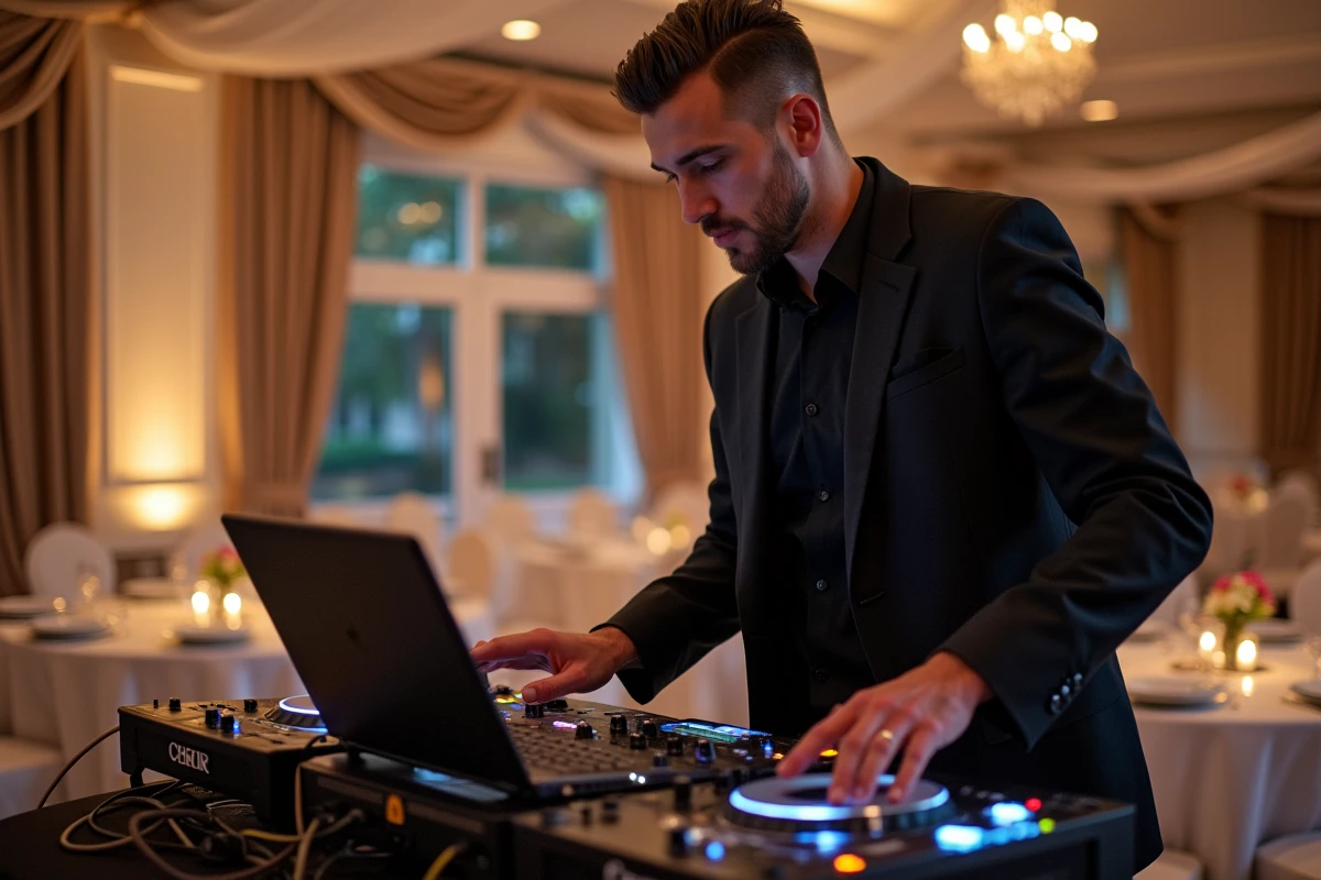 DJ professionnel derrière sa table de mixage dans une salle de réception de mariage élégante consultant sa playlist
