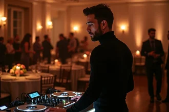 DJ professionnel en soirée derrière ses platines dans une salle de réception décorée avec invités en arrière-plan flou