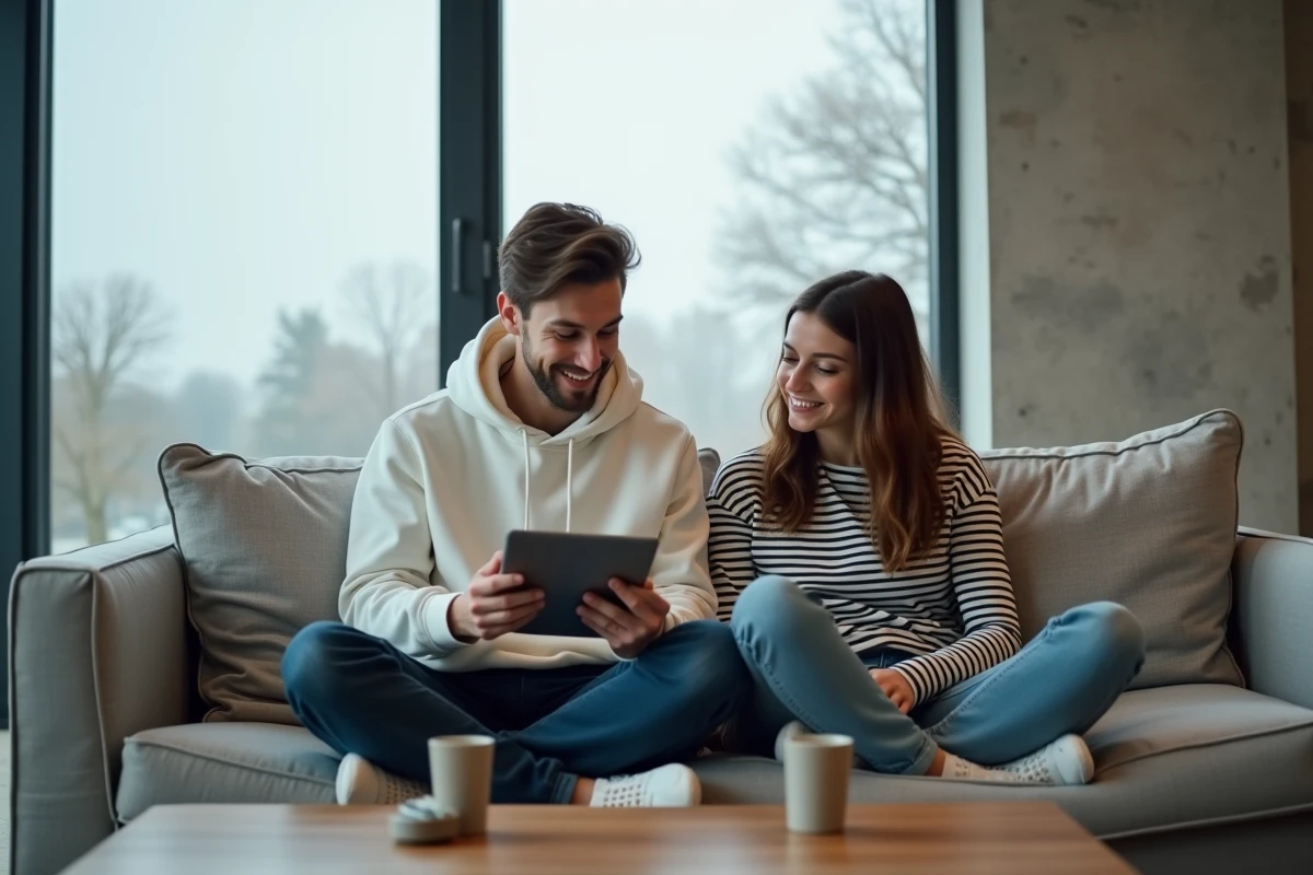 Deux jeunes adultes cherchant ensemble une musique de fond libre de droits sur une tablette dans un salon moderne