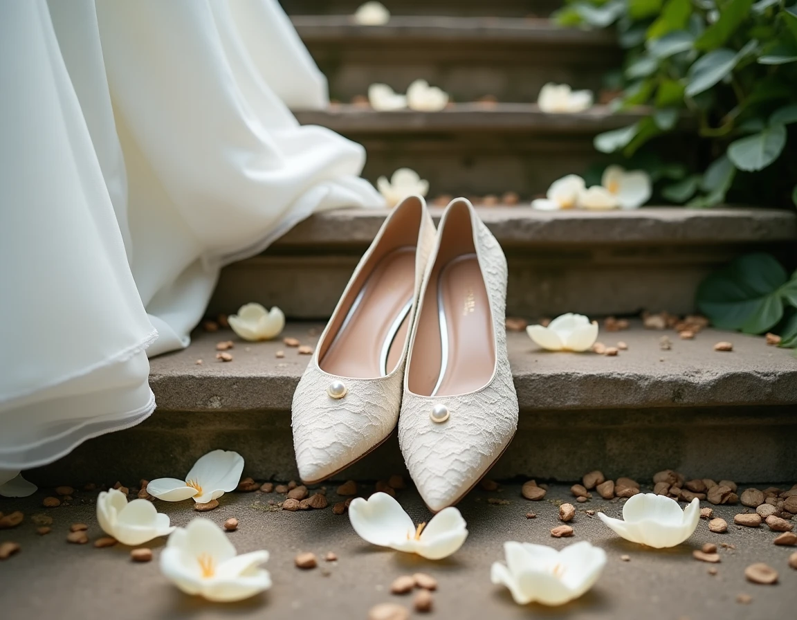 Escarpins de mariée blancs en dentelle avec détail nacre sur des marches en pierre d'un château, entourés de pétales de roses ivoire