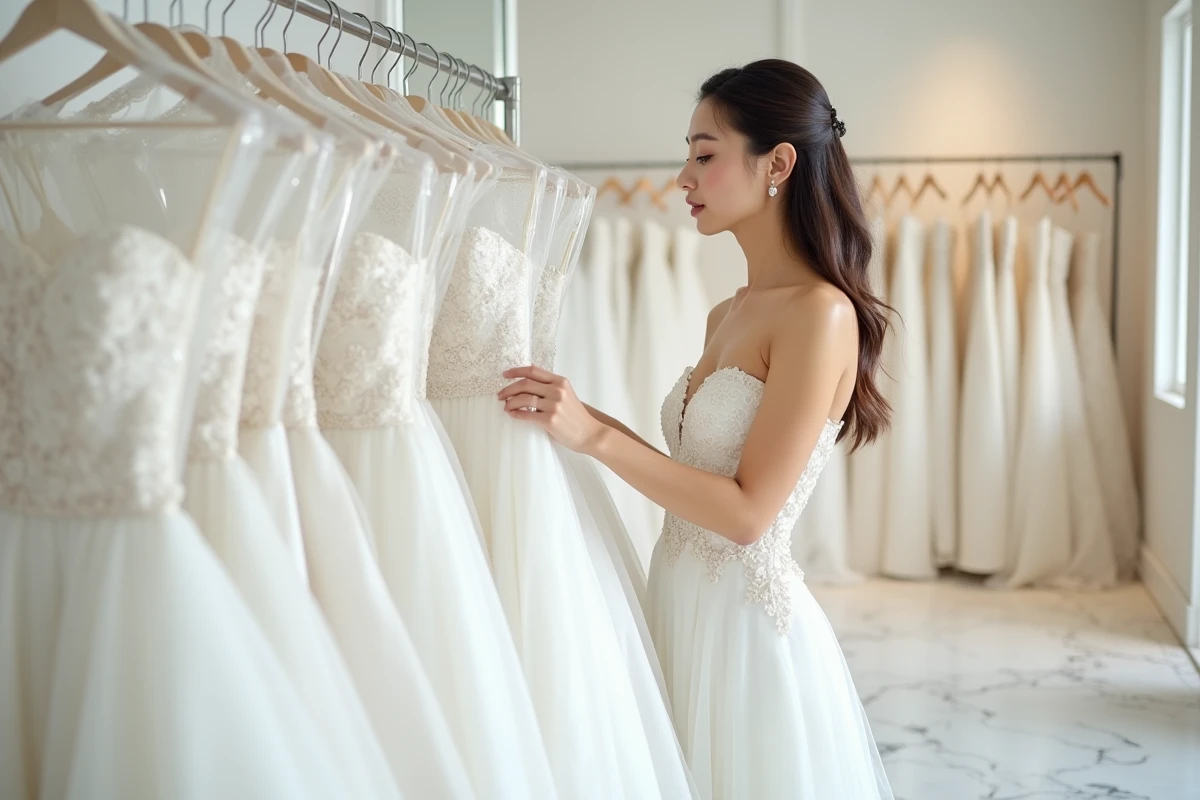 Jeune femme essayant des robes de mariée prêt-à-porter dans une boutique de mariage moderne