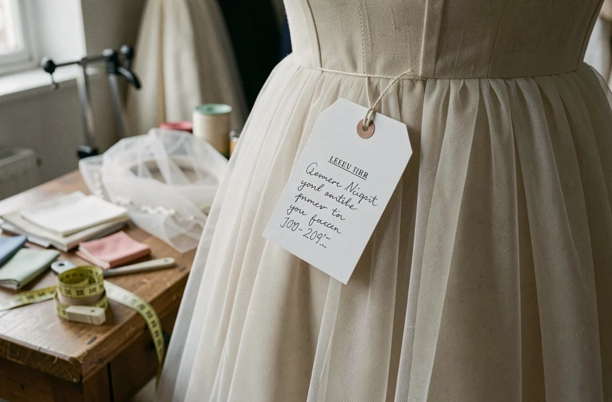 Étiquette de prix et label de créateur sur une robe de mariée en tulle dans un atelier de couture bridal