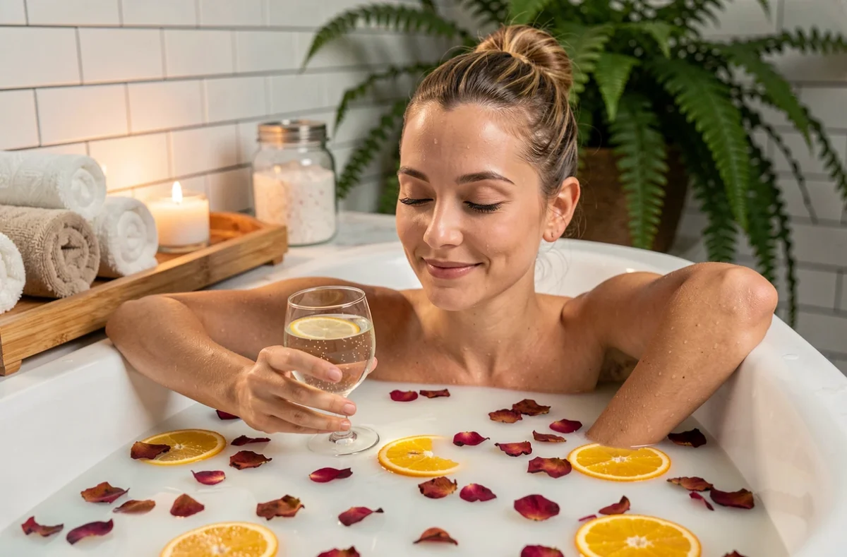 Femme se relaxant dans un bain de fleurs lors d'une activité EVJF spa privé à la maison