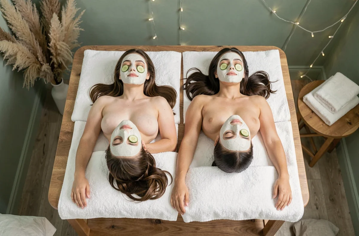 Deux femmes allongées avec masque à l'argile et concombres sur les yeux pour un soin visage EVJF à domicile