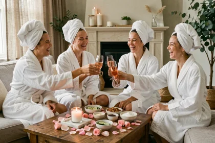 Groupe de femmes en peignoir blanc portant un toast au champagne lors d'un EVJF spa privé à la maison