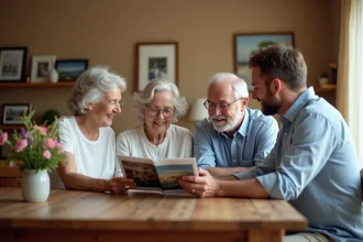 Famille réunie autour d'une table pour discuter du financement de la lune de miel du marié