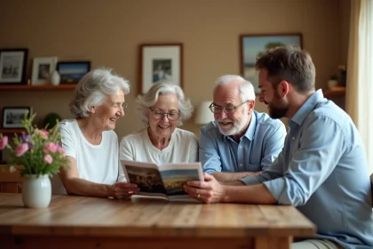 Famille réunie autour d'une table pour discuter du financement de la lune de miel du marié