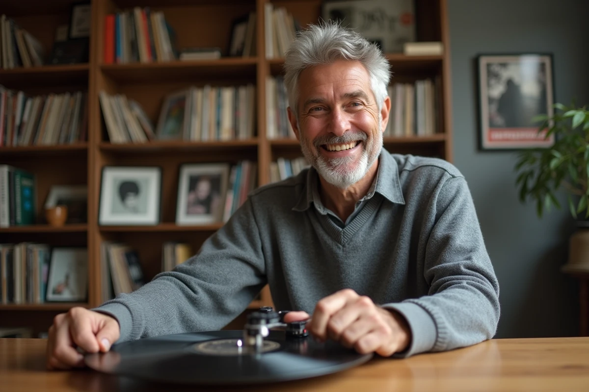 Homme tenant un vinyle avec nostalgie dans une salle de collection musicale, évoquant la passion d'un fan de longue date