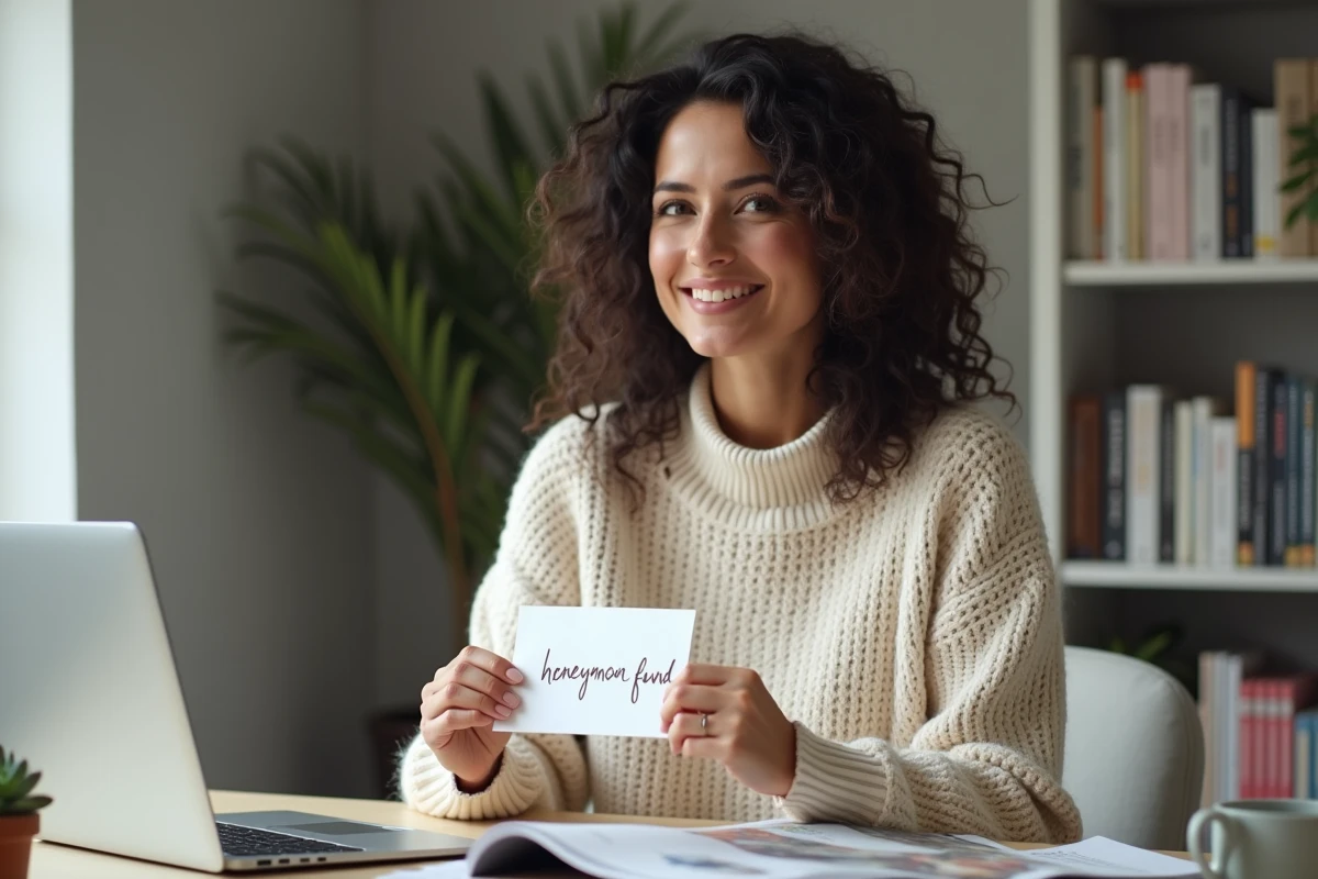 Femme tenant une enveloppe de fonds de lune de miel devant son bureau avec des magazines de mariage