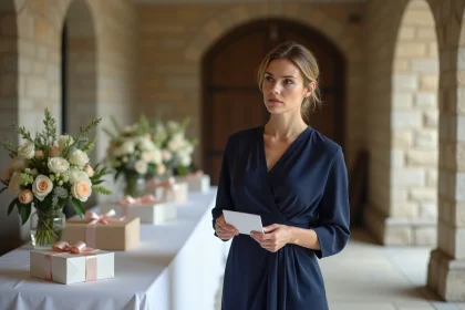 Femme hésitante près d'une table de cadeaux de mariage dans un château français, tenant une enveloppe