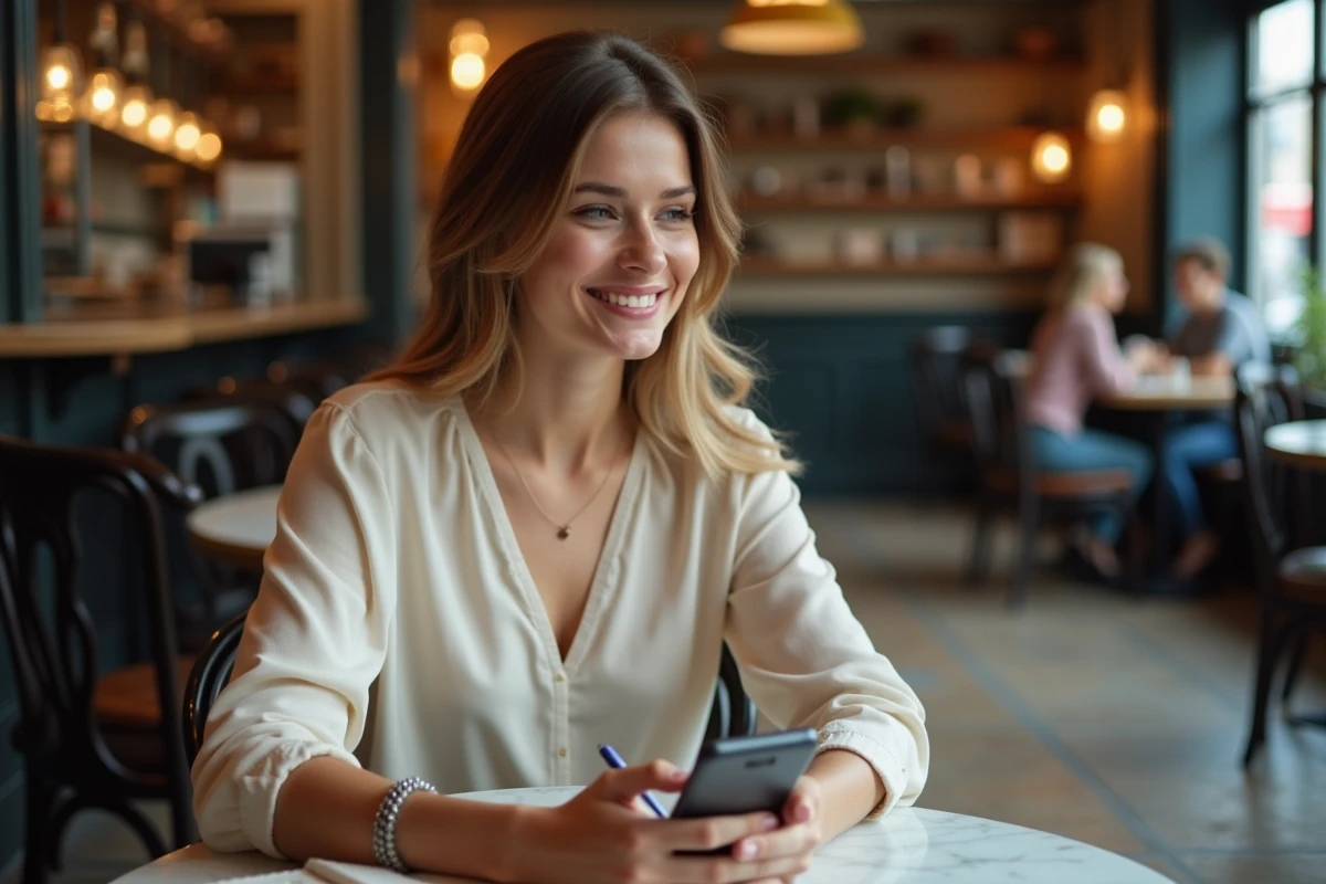 Femme organisant son voyage de noces dans un café parisien avec carnet et smartphone
