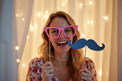 Jeune femme souriante utilisant un photobooth lors d'un mariage avec des accessoires colorés devant un rideau blanc